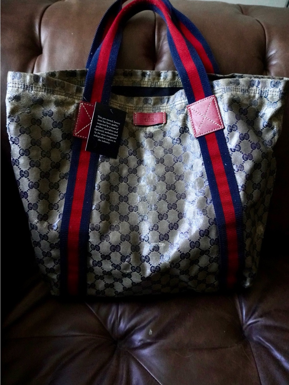 Gucci Beige/Brown GG Canvas Tote with Red Leather Accent